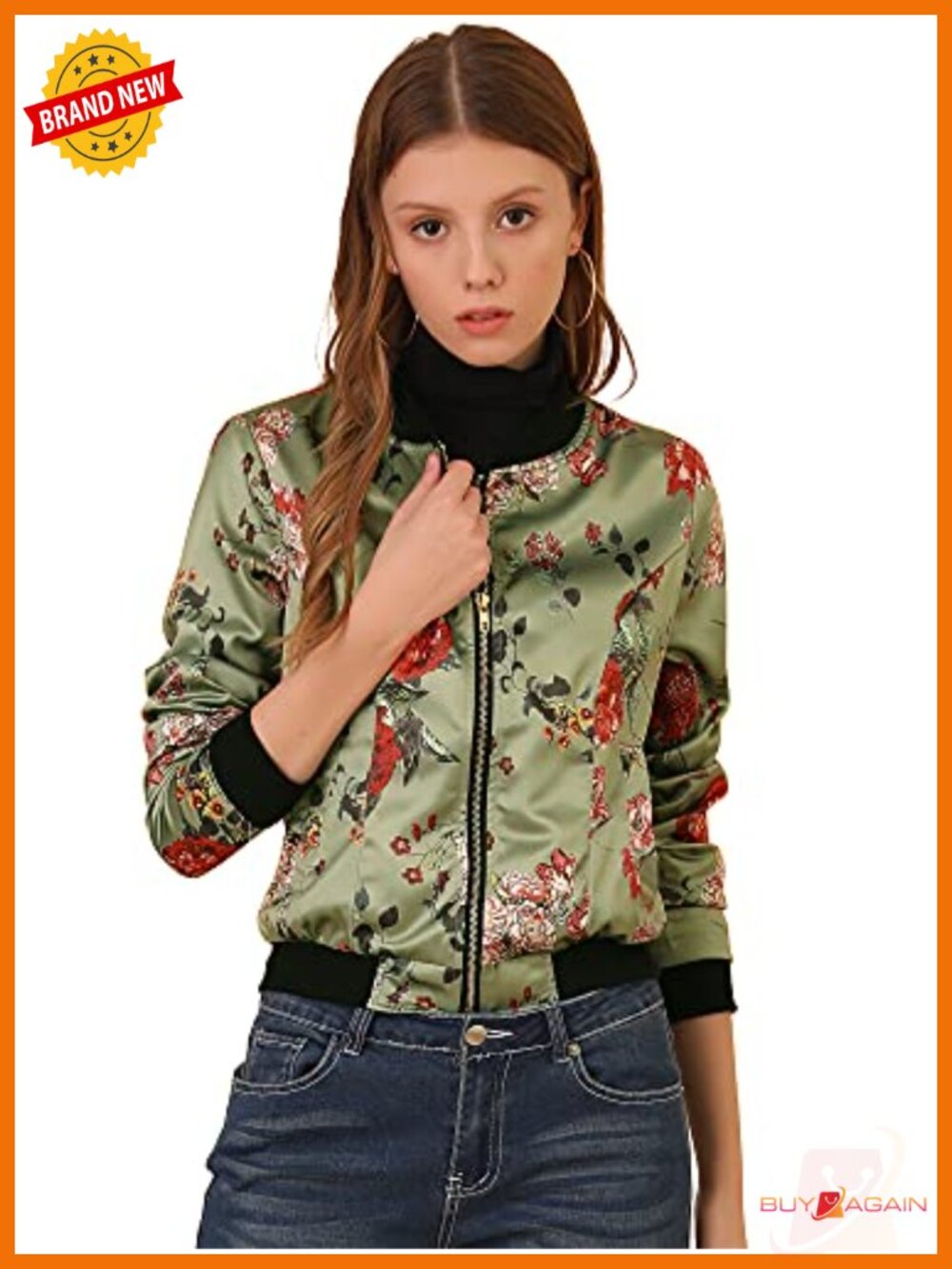 Women's Satin Floral Bomber Jacket Lightweight Zip Up Coat with Pockets